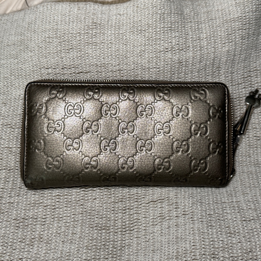 Authentic Gucci Embossed Metallic Leather Zip Around Wallet